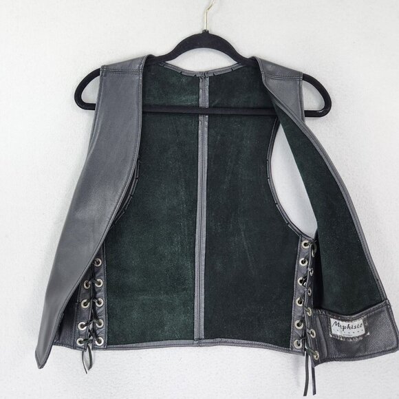 Mephisto Vest Womens Small Black Leather Lace Up Motorcycle Biker Open Front - Picture 6 of 11